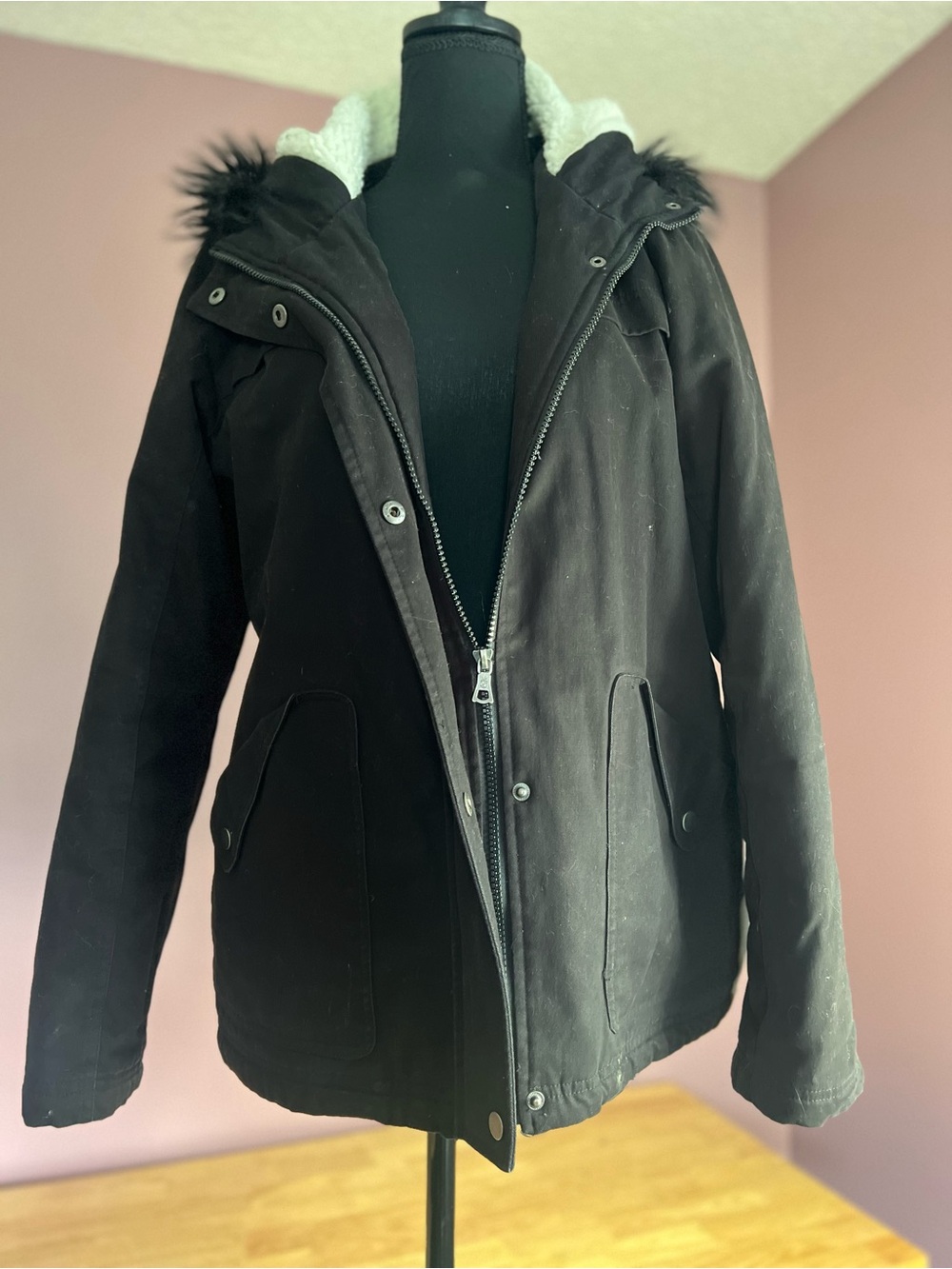 Krush Black Hooded Parka with Faux Fur Trim